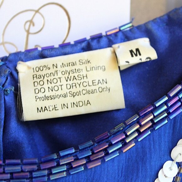 Vintage Swee Lo Dress Women's Medium Cobalt Blue Beaded Sequins Silk Shoulder Pa - Picture 4 of 10